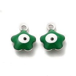 Green 304 Stainless Steel Enamel Charms, Flower with Evil Eye Charm, Stainless Steel Color, Green, 8.5x6.5x2.5mm, Hole: 1mm
