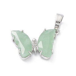 Green Aventurine Natural Green Aventurine Pendants, with Rack Plating Platinum Plated Brass Findingss, Cadmium Free & Lead Free, Faceted Butterfly Charms, 17x22.5x4mm, Hole: 8x5mm