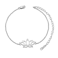 Platinum SHEGRACE Rhodium Plated 925 Sterling Silver Link Bracelets, with Cable Chains, Lotus, Platinum, 6-3/4 inch(17cm)