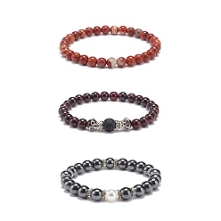 Mixed Stone 3Pcs 3 Style Natural & Synthetic Mixed Stone Round Beaded Stretch Bracelets Set, Crystal Rhinestone Crown & Plastic Pearl Bracelets for Women, Inner Diameter: 2~2-1/8 inch(5.05~5.3cm), 1Pc/style