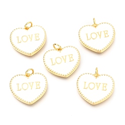 Blanc Laiton émail pendentifs, plaqué longue durée, réel 18 k plaqué or, avec des anneaux de saut, pour Saint Valentin, coeur avec l'amour des mots, blanc, 17.5x20x2.5mm, Trou: 3mm