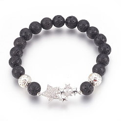 Platinum & Silver Stretch Bracelets, with Long-Lasting Plated Electroplated Natural Lava Rock, Natural Lava Rock and Brass Cubic Zirconia Beads, Star, Platinum & Silver, 2-3/8 inch(6cm)