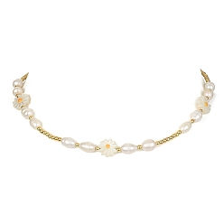 Golden Shell Pearl Flower & Alloy Round Beaded Necklace, Golden, 16.30 inch(41.4cm)