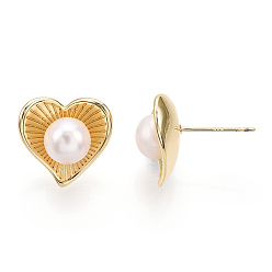 Real 18K Gold Plated Natural Pearl Stud Earrings, Brass Heart Earrings with 925 Sterling Silver Pins, Cadmium Free & Nickel Free & Lead Free, Real 18K Gold Plated, 15x15mm, Pin: 0.8mm