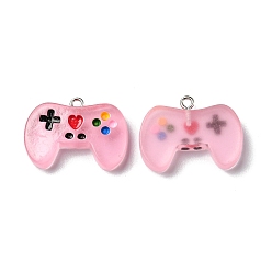 Pink Luminous Transparent Resin Pendants, Game Controller Charms, with Platinum Plated Zinc Alloy Loops, Pink, 20x27.5x5.5mm, Hole: 1.8mm