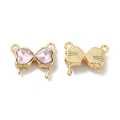 Pink Glass Charms, Rack Plating Golden Alloy Findings, Nickel Free, Bowknot, Pink, 14x16x4.5mm, Hole: 1.5mm
