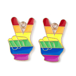 Colorful Rainbow Color Pride Alloy Enamel Pendants, Victory Sign Hand Charm, Light Gold, Colorful, 25.5x15x1.5mm, Hole: 2mm