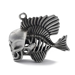 Antique Silver Tibetan Style Alloy Pendant, Frosted, Fish with Skull Charm, Antique Silver, 40x44x13mm, Hole: 3mm