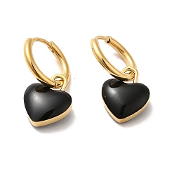 Black Enamel Heart Dangle Hoop Earrings, Golden 304 Stainless Steel Jewelry for Women, Black, 24.5mm, Pin: 1mm