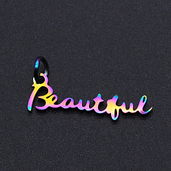 Rainbow Color Ионное покрытие (ip) 201 подвески из нержавеющей стали, с прыжковых колец, красивое слово, Радуга цветов, 7.5x23x1 мм, отверстие : 3 мм