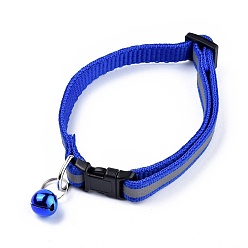 Azul Royal Collar reflectante de poliéster ajustable para perros / gatos, suministros de mascotas, con campana de hierro y hebilla de polipropileno (pp), azul real, 21.5~35x1 cm, apto para 19~32 cm de circunferencia del cuello