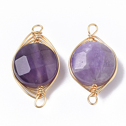 Amethyst Natural Amethyst Links connectors, Wire Wrapped Links, with Golden Tone Brass Wires, Faceted, Flat Round, 17~21x9~11x5~7mm, Hole: 1.2~1.5mm