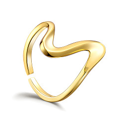 Real 18K Gold Plated SHEGRACE Adjustable 925 Sterling Silver Cuff Rings, Open Rings, Wave, Real 18K Gold Plated, US Size 6(16.5mm)
