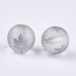 Silver Autumn Theme Electroplate Transparent Glass Beads, Frosted, Round with Maple Leaf Pattern, Silver, 8~8.5mm, Hole: 1.5mm