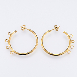 Golden 304 Stainless Steel Stud Earring Findings, Half Hoop Earrings, with Loop, Golden, 32x33.5x2mm, Hole: 2mm, Pin: 0.8mm