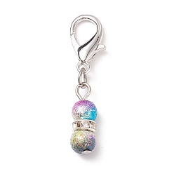 Platinum Spray Painted Acrylic Beaded Gourd Pendant Decorations, with Iron Rhinestone Spacer Beads & Alloy Lobster Claw Clasps, Clip-on Charms, Platinum, 35mm