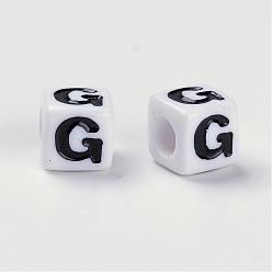Letter G Granos de la letra de acrílico, cubo, blanco, letra g, tamaño: cerca de 7 mm de ancho, 7 mm de largo, 7 mm de altura, agujero: 3.5 mm, Sobre 2000 unidades / 500 g