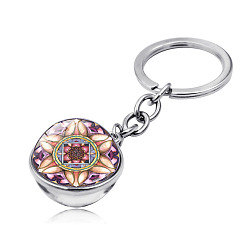 Indian Red Yoga Mandala Pattern Double-Sided Glass Half Round/Dome Pendant Keychain, with Alloy Findings, for Car Bag Pendant Accessories, Indian Red, 7.9cm