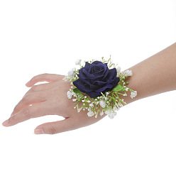 Bleu De Prusse Corsage de poignet en tissu de soie imitation rose, fleur à la main pour la mariée ou la demoiselle d'honneur, mariage, décorations de fête, null, 100x90mm