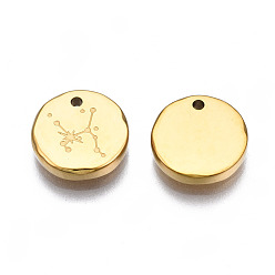 Sagittarius 316 Surgical Stainless Steel Charms, Flat Round with Constellation, Real 14K Gold Plated, Sagittarius, 10x2mm, Hole: 1mm