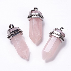 Quartz Rose Naturelle quartz rose gros pendentifs, avec accessoires en alliage plaqués argent antique, cône, 53x21x21mm, Trou: 5mm