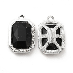 Negro Colgantes de cristal de aleación, colgante de rectángulo octágono de diamantes de imitación de cristal, Platino, negro, 21x14x6 mm, agujero: 1.8 mm