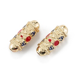 Crimson Real 18K Gold Plated Brass Tube Beads, with Enamel, Oval with Word Love, Crimson, 21x8x7.5mm, Hole: 2mm