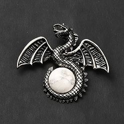 Howlite Natural Howlite Big Pendants, Dragon Charms, with Rack Plating Antique Silver Tone Alloy Findings, Cadmium Free & Lead Free, 49x56x12mm, Hole: 6~6.5mm