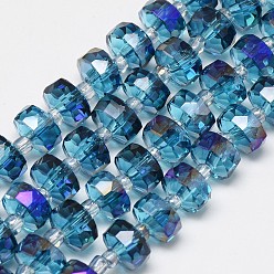Royal Blue Electroplate Glass Beads Strands, Rainbow Plated, Faceted, Flat Round, Royal Blue, 10x6mm, Hole: 1.5mm, about 60pcs/strand, 18.9 inch