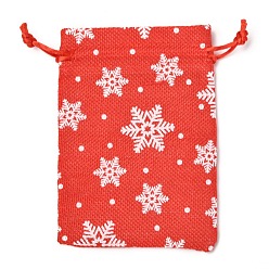 Rouge Pochettes d'emballage en toile de jute sur le thème de noël, sacs à cordonnet, avec motif de flocon de neige, rouge, 14.5x10.1x0.3 cm