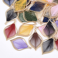 Mixed Color Cotton Thread Woven Pendants, with Alloy Findings, Leaf, Golden, Mixed Color, 43x26.5x2mm, Hole: 1.8mm