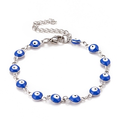 Blue Enamel Oval with Evil Eye Link Chains Bracelet, 304 Stainless Steel Jewelry for Women, Stainless Steel Color, Blue, 6-1/2 inch(16.5cm)