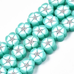 Turquoise Handmade Polymer Clay Beads Strands, Flower, Turquoise, 8~10.5x8~10x4~5mm, Hole: 1.2mm, about 36~39pcs/strand, 12.40 inch~ 14.17inch(31.5cm~36mm)