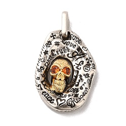 Antique Silver & Golden Rack Plating Brass Micro Pave Cubic Zirconia with Sea shell Pendants, Cadmium Free & Lead Free, Oval with Skull, Antique Silver & Golden, 28.5x20x7mm, Hole: 6.3x3mm