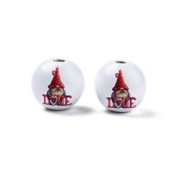 Gnome Perles en bois imprimées sur le thème de la saint valentin, ronde, rouge, modèle de gnome, 15.5~16x15mm, Trou: 3.5mm