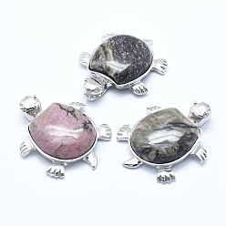 Rhodonite Natural Rhodonite Pendant, with Alloy Findings, Tortoise, Platinum, 38x30.5x8.2mm, Hole: 3x4.5mm