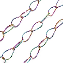 Rainbow Color Ion Plating(IP) Handmade 304 Stainless Steel Textured Teardrop Link Chains, Soldered, with Spool, Rainbow Color, 16x9x1mm, about 16.40 Feet(5m)/Roll