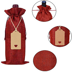 Dark Red Rectangle Linenette Drawstring Bags, with Price Tags & Cords, for Wine Bottle Packaging, Dark Red, 36x16cm