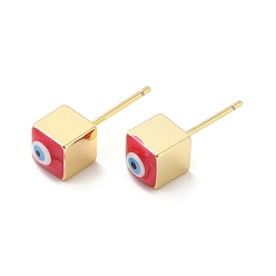 Red Long-Lasting Plated Cube with Enamel Evil Eye Stud Earring, Real 18K Gold Plated Brass Jewelry for Women, Red, 6x6mm, Pin: 0.8mm