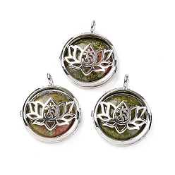 Unakite Natural Unakite Locket Pendants, Flat Round Charms, with Platinum Plated Brass Lotus Findings, 31.5x27x9mm, Hole: 4.6mm
