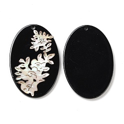 Oval Opaque Flower Pattern Acrylic Pendants, with Shell, Black, Oval, 40x26.5x2.4mm, Hole: 1.8mm