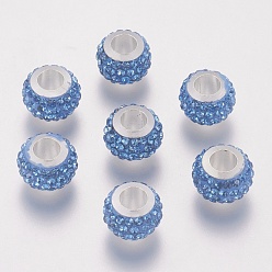 Light Sapphire 304 Stainless Steel European Beads, with Polymer Clay Rhinestone, Large Hole Beads, Rondelle, Light Sapphire, 11x7.5mm, Hole: 5mm