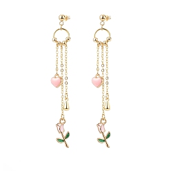 Pink Clous d'oreilles pendants cœur et rose en émail, boucles d'oreilles pendantes en alliage plaqué or pour la saint valentin, rose, 80mm, pin: 0.8 mm