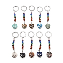 Mixed Stone Natural & Synthetic Gemstone Heart Keychain, with Chakra Gemstone Bead and Platinum Tone Rack Plating Brass Findings, 10.5cm