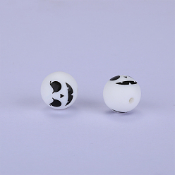 Blanco Cuentas focales de silicona redondas impresas con patrón fantasma, blanco, 15x15 mm, agujero: 2 mm