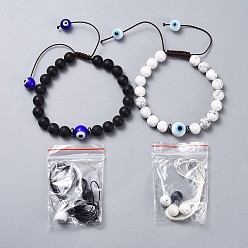 Mixed Stone Adjustable Nylon Thread Braided Bead Bracelets Sets, Couple Bracelet, with Lampwork Evil Eye and Natural Howlite, Frosted Black Agate(Dyed) Beads, PVC Tubular Rubber Cord, 2-1/8 inch~3-3/8 inch(5.3~8.6cm), 2pcs/set