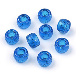 Azul Royal Cuentas de plástico transparente, con polvo del brillo, barril, azul real, 9x6 mm, agujero: 3.8 mm, Sobre 1900 unidades / 500 g