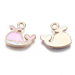 Pink Alloy Enamel Charms, Cadmium Free & Lead Free, Whale Shaped, Light Gold, Pink, 12.5x13x1.5mm, Hole: 1mm