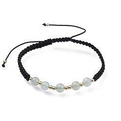 Aventurine Verte Bracelets de perle tressés verts naturels ajustables, bracelet en nylon avec nœud carré, avec les accessoires en laiton, or, 2 pouce (5.2 cm)