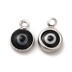 Black 304 Stainless Steel with Glass Enamel Charms, Stainless Steel Color, Flat Round with Evil Eye Pattern, Black, 9.5x6.5x2.5mm, Hole: 1.6mm